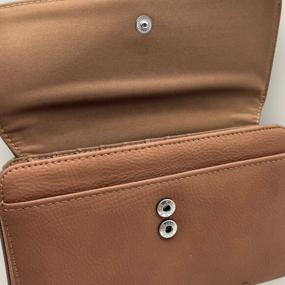 Brown Faux Leather Wallet Wristlet Card Slots Checkbook Zipper Around Snaps - Picture 7 of 7